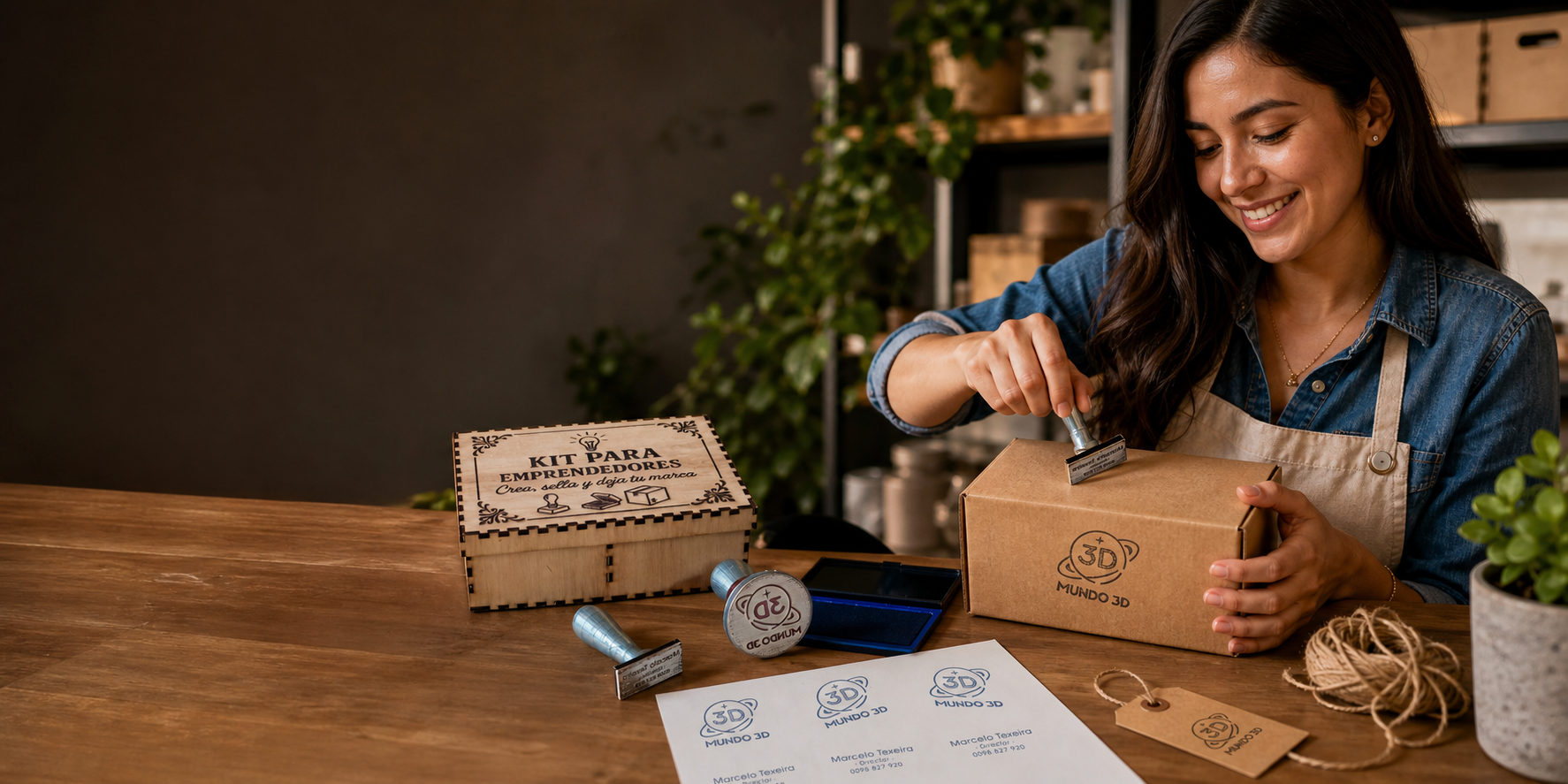 Emprendedora presentando su kit de sellos personalizados